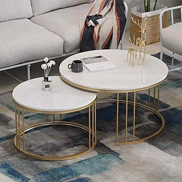 Coffee tables set, Metal*Marble, two pieces, Golden*White - S76