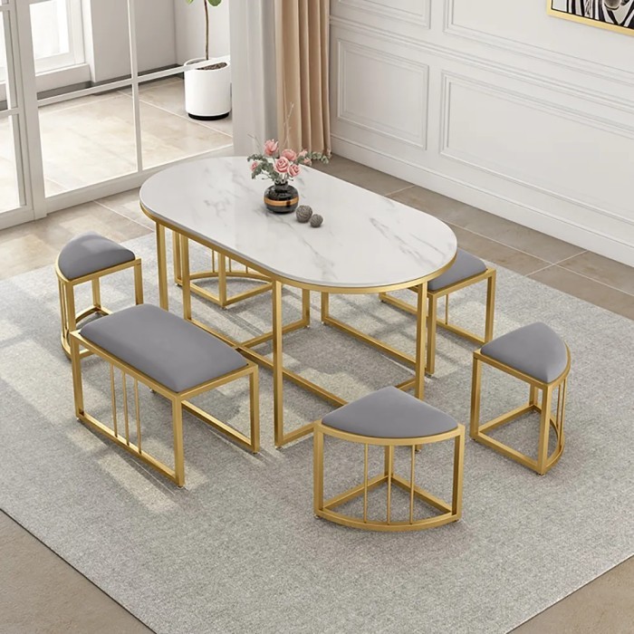Dining Table, 7 pieces Gold *White - DT112
